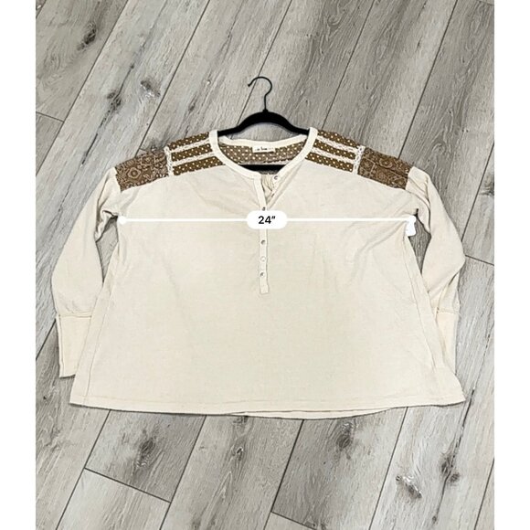 In Loom Medium Cream Henley Top Lace Boho Western Long Sleeve Shirt - Picture 4 of 5